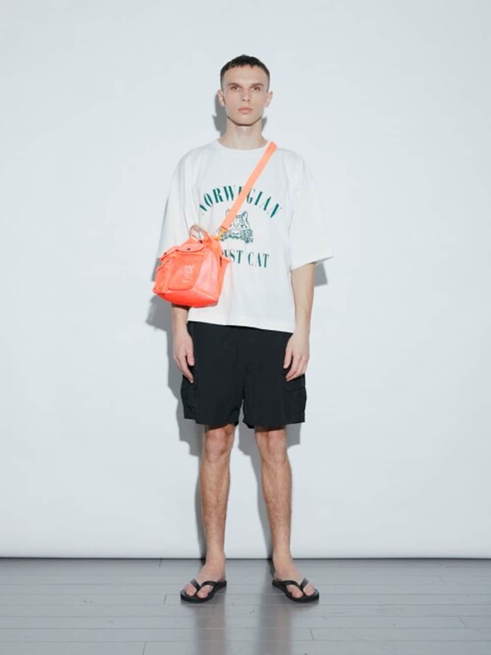 「Tシャツ、ネコ、ＵＶカット、膝上ショーツ、スイムショーツ、スイムウェア、差し色(オレンジ)、水陸両用、F/CE.、エフシーイー」｜「F/CE. のF/CE. FOREST CAT BIG T / エフシーイー フォレスト キャット ビッグ T（Tシャツ/カットソー、ホワイト系）」を使った、F/CE.さん（メンズ・187cm）の春コーディネートの1枚目の写真
