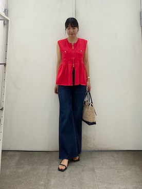 「SENSE OF PLACE by URBAN RESEARCH(センスオブプレイスバイアーバンリサーチ)の『洗濯可』ペプラムジップセーター(ニット/セーター、レッド系)」を使った、naoさん(レディース・158cm)の夏コーディネート