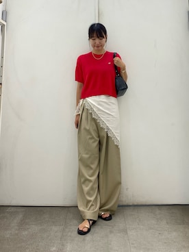 「SENSE OF PLACE by URBAN RESEARCH(センスオブプレイスバイアーバンリサーチ)のピンストライプルーズパンツ(その他パンツ、ベージュ系)」を使った、naoさん(レディース・158cm)の夏コーディネート