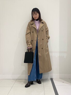 「フレアデニム」｜「アイテム（ステンカラーコート）」を使った、naoさん（レディース・158cm）の春コーディネート