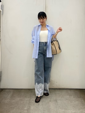 「SENSE OF PLACE by URBAN RESEARCH(センスオブプレイスバイアーバンリサーチ)のレースドッキングデニムパンツ(デニムパンツ、ブルー系)」を使った、naoさん(レディース・158cm)の春コーディネート