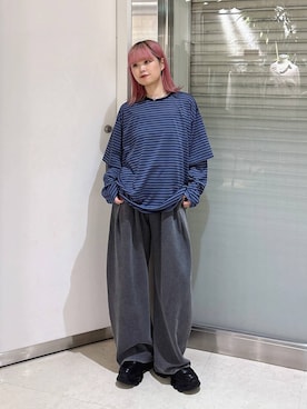 「JEANASIS（ジーナシス）のソデレイヤードボーダーロンTEE/1067540（Tシャツ/カットソー、ブルー系）」を使った、archangramさん（レディース）の秋コーディネート