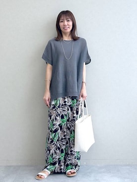 「Elura（エルーラ）のボタニカルワイドパンツ/661874（その他パンツ、ブルー系）」を使った、atsukoさん（レディース・162cm）の夏コーディネート
