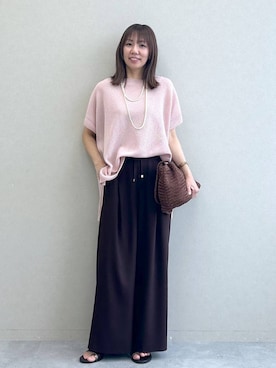 「Elura（エルーラ）の【イージーケア・防シワ機能付き】サラサラリラクシーワイドパンツ＜低身長サイズあり＞/656777（その他パンツ、ブラウン系）」を使った、atsukoさん（レディース・162cm）の夏コーディネート