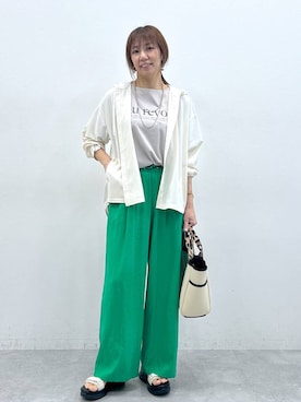 「Elura（エルーラ）のリネンブレンドワイドパンツ＜低身長サイズあり＞/659648（その他パンツ、グリーン系）」を使った、atsukoさん（レディース・162cm）の春コーディネート