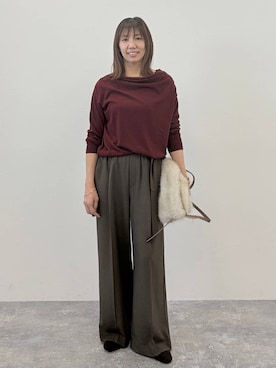 「Elura（エルーラ）のサキソニー風ベルト付きパンツ/1043149（その他パンツ、ブラウン系）」を使った、atsukoさん（レディース・162cm）の秋コーディネート