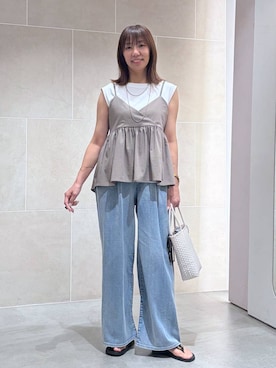 「Elura（エルーラ）の大人カラーワイドデニム＜低身長サイズあり＞/625552（デニムパンツ、ブルー系）」を使った、atsukoさん（レディース・162cm）の夏コーディネート