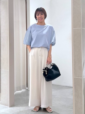 「Elura（エルーラ）の≪接触冷感≫ドレスアップ袖コンプルオーバー/643321（Tシャツ/カットソー、ブルー系）」を使った、atsukoさん（レディース・162cm）の夏コーディネート