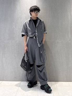 「HARE（ハレ）の【新世紀エヴァンゲリオン×HARE】シーンプリントカット(HARE)（Tシャツ/カットソー、ブラック系）」を使った、柊平さん（メンズ・174cm）の夏コーディネート