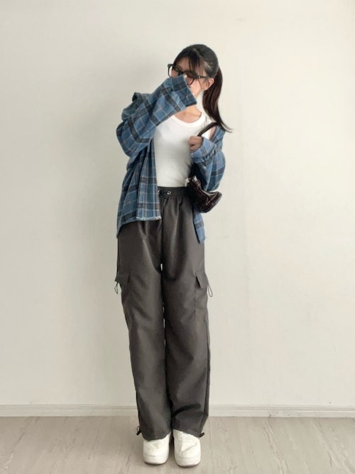 ネイビー チェック柄 オーバーサイズシャツ FreeZone ブラウス シャツ チェック柄オーバーサイズ長袖シャツ