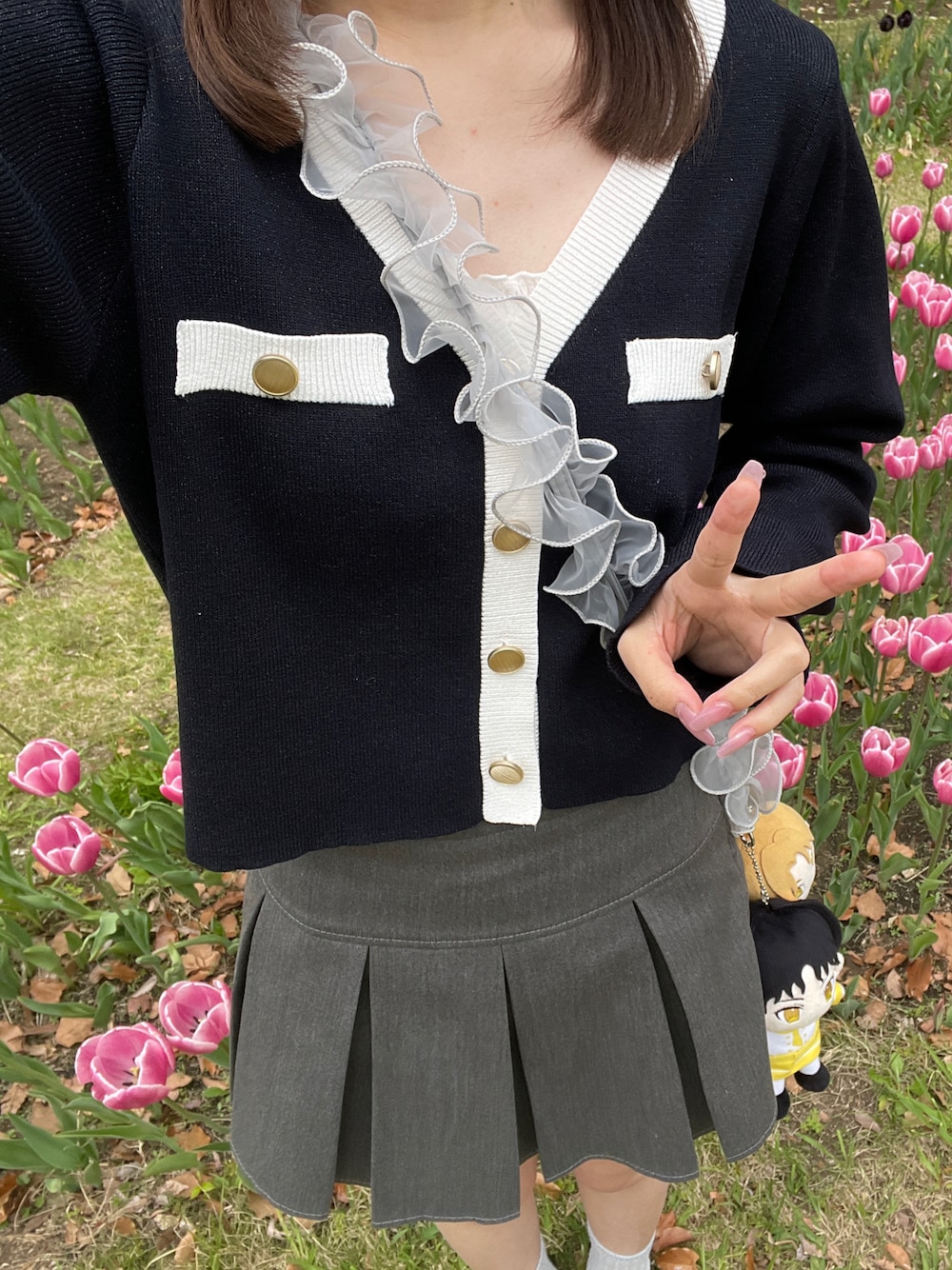 「最近のいい感じコーデ、miu系穿搭、miu系」｜「one after another NICE CLAUPのセット対応/配色ニットカーディガン（カーディガン/ボレロ、ブルー系）」を使った、mii23_さん（レディース・163cm）の春コーディネートの1枚目の写真