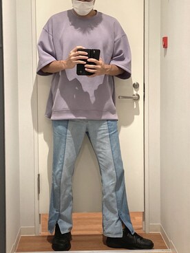 「RAGEBLUE（レイジブルー）のテックスリットクルーTシャツ（Tシャツ/カットソー、パープル系）」を使った、木下さん（メンズ・177cm）の秋コーディネート