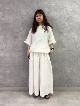 「かぐれ（カグレ）のリネンフリルスリーブプルオーバー（シャツ/ブラウス、ホワイト系）」を使った、noeさん（レディース・156cm）の春コーディネート