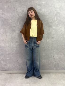「EKAL（エカル）の『UR TECH ひやサラクール』ロゴ刺繍 Tシャツ（Tシャツ/カットソー、イエロー系）」を使った、noeさん（レディース・156cm）の夏コーディネート