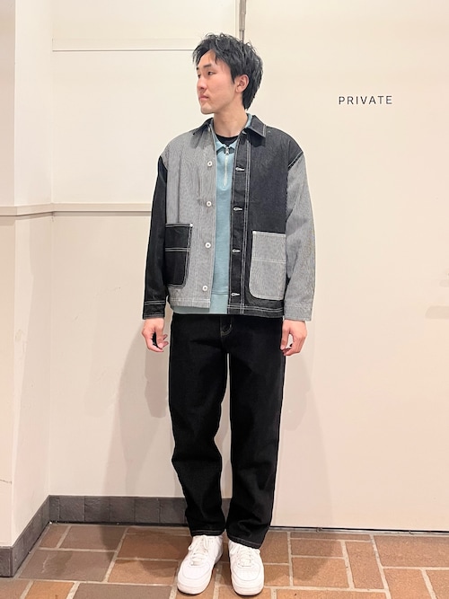 新品【 DIESEL 】異素材切替 デニム ワークジャケット 多ポケット セール】ヒッコリー×デニム切替ワークジャケット（デニムジャケット