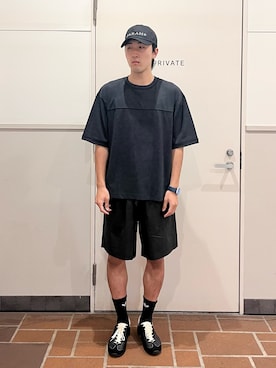 「ITEMS URBANRESEARCH（アイテムズ アーバンリサーチ）のライトウェイト ムラ染めTシャツ（Tシャツ/カットソー、ブラック系）」を使った、Jasmineさん（メンズ・173cm）の夏コーディネート