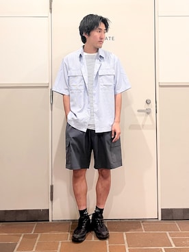 「ITEMS URBANRESEARCH（アイテムズ アーバンリサーチ）の『接触冷感/速乾/イージーケア』高機能ストライプRDB半袖シャツ（シャツ/ブラウス、ブルー系）」を使った、Jasmineさん（メンズ・173cm）の春コーディネート