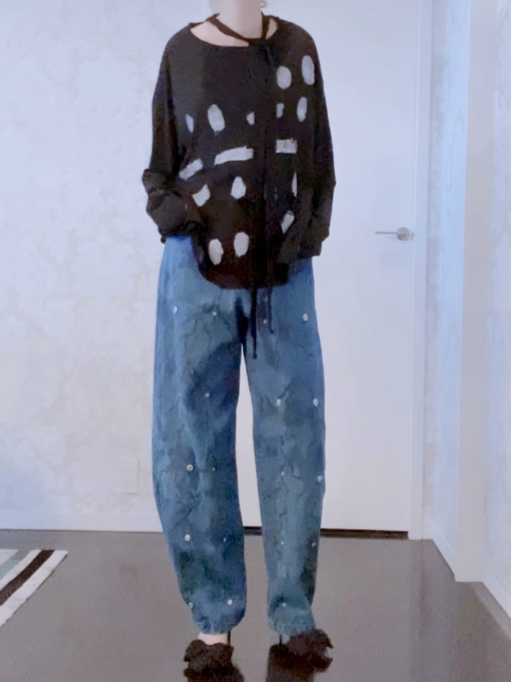 GRANCY】 ボタンデザイングラフィックワイドデニムパンツ ライトブルー 
