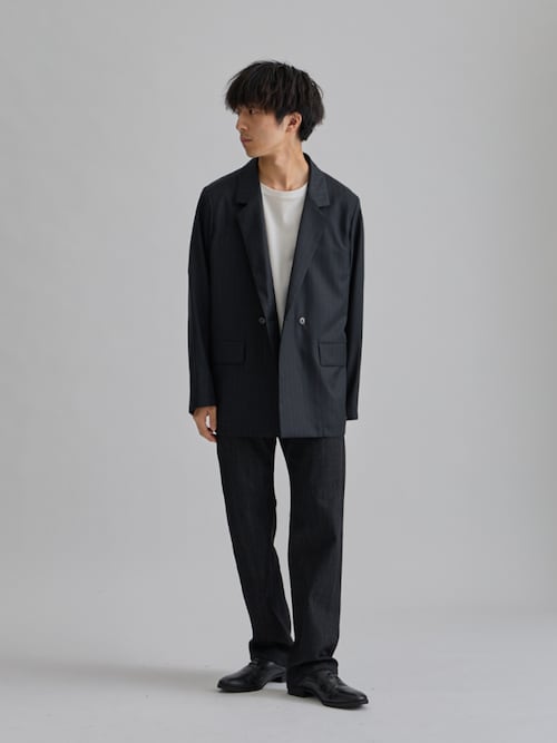 極美品■90's ヴィンテージ【M】ダブル スーツ セットアップ ストライプ. ストレッチウォッシャブル 1ボタン カラーレスジャケット 紺