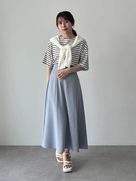 「earth music&ecology（アースミュージックアンドエコロジー）の【WEB限定】接触冷感シアークルーニットカーディガン（カーディガン/ボレロ、ホワイト系）」を使った、earth music&ecology officialさん（レディース・158cm）の春コーディネート