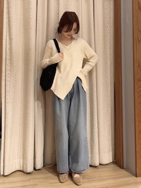 「earth music&ecology（アースミュージックアンドエコロジー）のWリボンパンプス（パンプス、ベージュ系）」を使った、earth music&ecology officialさん（レディース・152cm）の春コーディネート