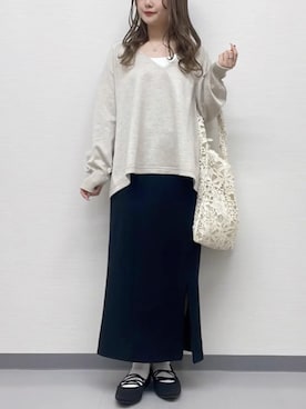 「earth music&ecology（アースミュージックアンドエコロジー）のレースバッグ（トートバッグ、ホワイト系）」を使った、earth music&ecology officialさん（レディース・152cm）の春コーディネート