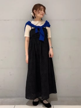 「earth music&ecology（アースミュージックアンドエコロジー）の【WEB限定】接触冷感シアークルーニットカーディガン（カーディガン/ボレロ、ブルー系）」を使った、earth music&ecology officialさん（レディース・158cm）の春コーディネート