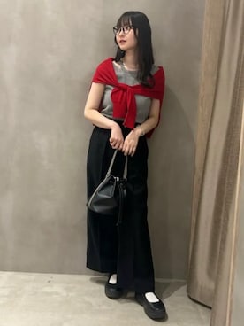 「earth music&ecology（アースミュージックアンドエコロジー）の【WEB限定】接触冷感シアークルーニットカーディガン（カーディガン/ボレロ、レッド系）」を使った、earth music&ecology officialさん（レディース・158cm）の春コーディネート