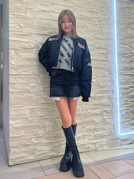 「ロゴニット」｜「アイテム（ブルゾン）」を使った、齊藤愛奈さん（レディース・162cm）の冬コーディネート