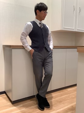「TOKYO SHIRTS（トウキョウシャツ）の絹100% ベーシックネクタイ（ネクタイ、グレー系）」を使った、BRICK HOUSE by Tokyo Shirts 高崎イオンモール店さん（メンズ・170cm）の春コーディネート