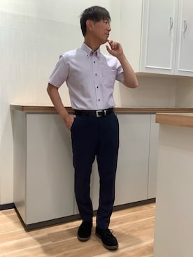「TOKYO SHIRTS（トウキョウシャツ）の【超形態安定】【接触冷感】 形態安定ノンアイロン ボタンダウン 半袖ビジネスワイシャツ（ビジネスシャツ、パープル系）」を使った、BRICK HOUSE by Tokyo Shirts 高崎イオンモール店さん（メンズ・170cm）の夏コーディネート