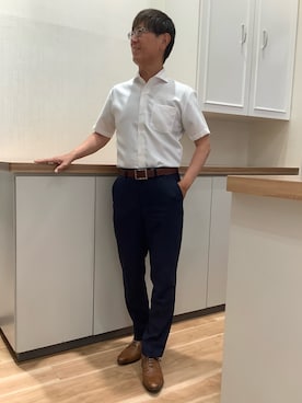 「TOKYO SHIRTS（トウキョウシャツ）の【超形態安定】【接触冷感】 形態安定ノンアイロン ホリゾンタルワイド 半袖ビジネスワイシャツ（ビジネスシャツ、ホワイト系）」を使った、BRICK HOUSE by Tokyo Shirts 高崎イオンモール店さん（メンズ・170cm）の夏コーディネート