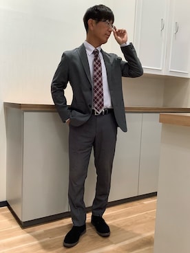 「TOKYO SHIRTS（トウキョウシャツ）の形態安定ノンアイロン スナップダウン 長袖ビジネスワイシャツ（ビジネスシャツ、パープル系）」を使った、BRICK HOUSE by Tokyo Shirts 高崎イオンモール店さん（メンズ・170cm）の春コーディネート