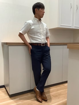 「TOKYO SHIRTS（トウキョウシャツ）の【超形態安定】【接触冷感】 形態安定ノンアイロン ボタンダウン 半袖ビジネスワイシャツ（ビジネスシャツ、イエロー系）」を使った、BRICK HOUSE by Tokyo Shirts 高崎イオンモール店さん（メンズ・170cm）の夏コーディネート