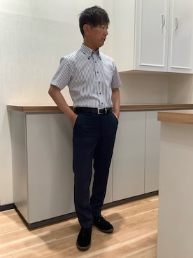 「TOKYO SHIRTS（トウキョウシャツ）の【Layered Cool】【吸水速乾】 形態安定ノンアイロン ボタンダウン 半袖ビジネスワイシャツ（ビジネスシャツ、ブルー系）」を使った、BRICK HOUSE by Tokyo Shirts 高崎イオンモール店さん（メンズ・170cm）の夏コーディネート