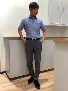 「TOKYO SHIRTS（トウキョウシャツ）の【超形態安定】【吸水速乾】 形態安定ノンアイロン ホリゾンタルワイド 半袖ビジネスワイシャツ（ビジネスシャツ、ブルー系）」を使った、BRICK HOUSE by Tokyo Shirts 高崎イオンモール店さん（メンズ・170cm）の夏コーディネート
