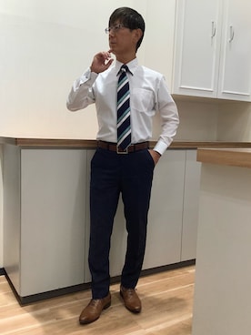 「TOKYO SHIRTS（トウキョウシャツ）の【超形態安定】形態安定ノンアイロン ボタンダウン 長袖ビジネスワイシャツ（ビジネスシャツ、ホワイト系）」を使った、BRICK HOUSE by Tokyo Shirts 高崎イオンモール店さん（メンズ・170cm）の夏コーディネート