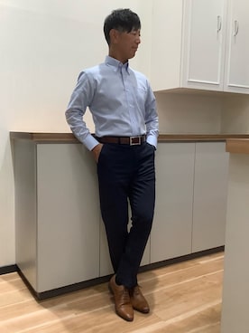 「TOKYO SHIRTS（トウキョウシャツ）の超形態安定ノーアイロン ボタンダウン 長袖ビジネスワイシャツ（ビジネスシャツ、ブルー系）」を使った、BRICK HOUSE by Tokyo Shirts 高崎イオンモール店さん（メンズ・170cm）の秋コーディネート