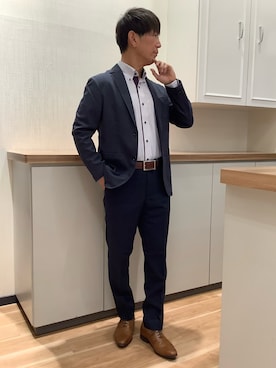 「TOKYO SHIRTS（トウキョウシャツ）の形態安定ノンアイロン ボタンダウン 長袖ストレッチビジネスワイシャツ（ビジネスシャツ、パープル系）」を使った、BRICK HOUSE by Tokyo Shirts 高崎イオンモール店さん（メンズ・170cm）の春コーディネート