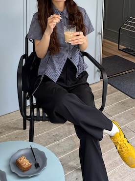 「callautia（カラウティア）のドロストデザインチェックシャツ（シャツ/ブラウス、ブルー系）」を使った、ririさん（レディース・155cm）の春コーディネート