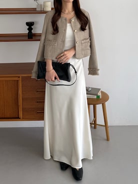 「アイテム（ノーカラージャケット）」を使った、ririさん（レディース・155cm）の春コーディネート