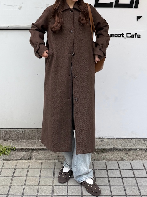 セール】ヘリンボーンステンカラーロングコート（ステンカラーコート