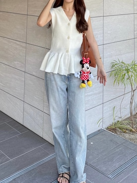 「Mili affinity（ミリアフィニティー）のペプラムVネックニットベスト（ベスト）」を使った、ririさん（レディース・155cm）の夏コーディネート