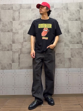 「Right-on（ライトオン）のOther(ソノタ)ローリングストーンズプリント半袖Tシャツ（Tシャツ/カットソー、ブラック系）」を使った、ryotta0107さん（メンズ・173cm）の春コーディネート