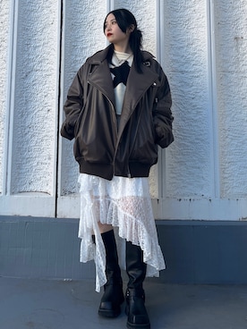「レーススカート」｜「アイテム（ブルゾン）」を使った、TOMOMIさん（レディース・155cm）の秋コーディネート