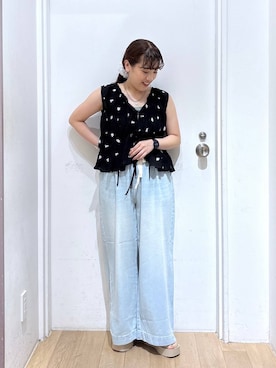 「LOWRYS FARM（ローリーズファーム）のカンドウフィットＫｎｉｔサンダル 637889（サンダル、ホワイト系）」を使った、hachi0867さん（レディース）の夏コーディネート