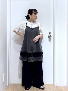 「LOWRYS FARM（ローリーズファーム）のジャガードフリンジ５Ｓ　 495079（Tシャツ/カットソー、ホワイト系）」を使った、hachi0867さん（レディース）の夏コーディネート