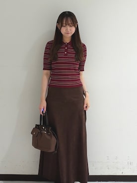 「URBAN RESEARCH（アーバンリサーチ）のコットンシルクハーフスリーブポロ衿ニット（ニット/セーター、レッド系）」を使った、sayuさん（レディース・156cm）の秋コーディネート
