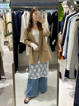 「LOUNGEDRESS（ラウンジドレス）の麻調合繊ジャケット（テーラードジャケット、イエロー系）」を使った、こてがわさん（レディース・151cm）の春コーディネート