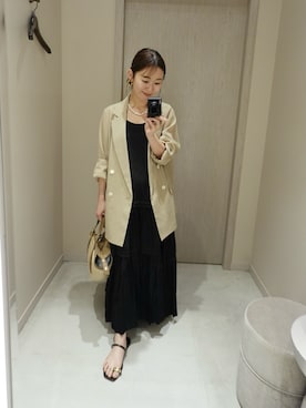 「LOUNGEDRESS（ラウンジドレス）のリネンライクシアージャケット（テーラードジャケット、ベージュ系）」を使った、こてがわさん（レディース・151cm）の夏コーディネート